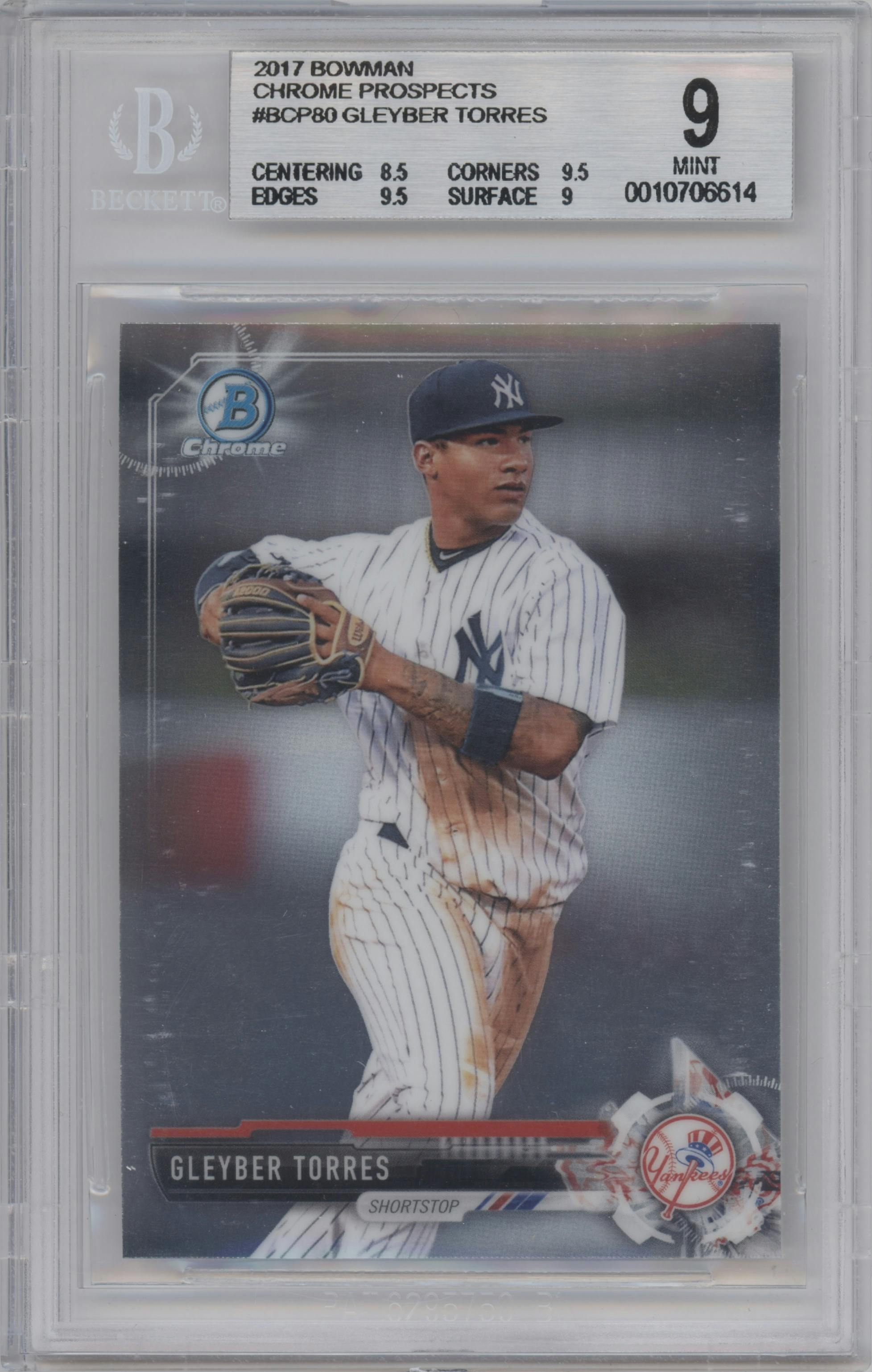 Gleyber Torres from the 2017 Bowman set graded by Beckett and given an overall grade of 9.