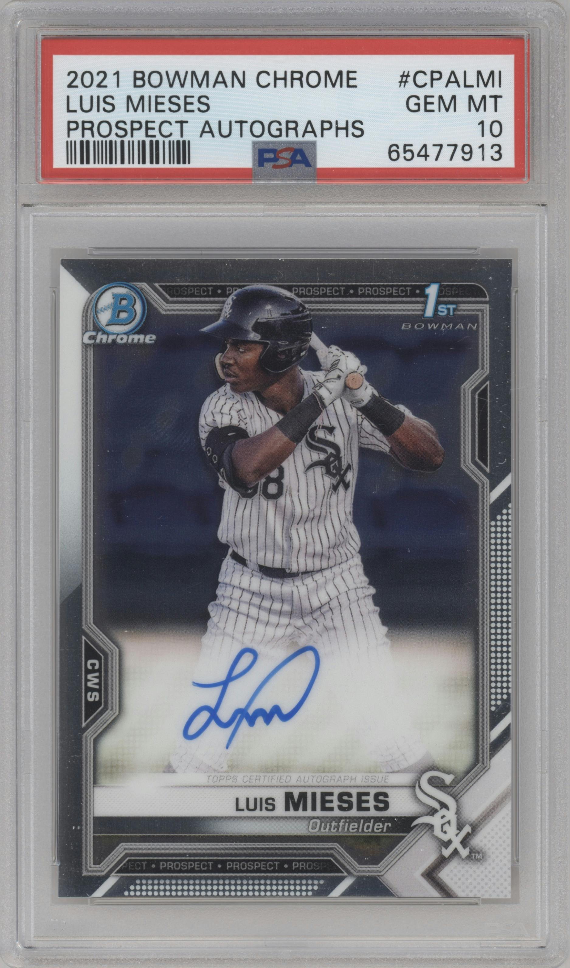 Luis Mieses from the 2021 Bowman Chrome set graded by PSA and given an overall grade of 10.
