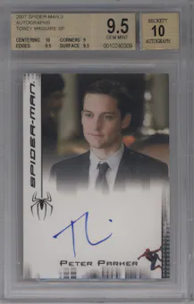 Tobey Maguire from the 2007 Rittenhouse Spider-Man 3 set graded by Beckett and given an overall grade of 9.5.