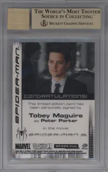 Tobey Maguire from the 2007 Rittenhouse Spider-Man 3 set graded by Beckett and given an overall grade of 9.5.