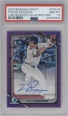 Travis Bazzana from the 2024 Bowman Draft set featuring a Purple Refractor parallel graded by PSA and given an overall grade of 10.