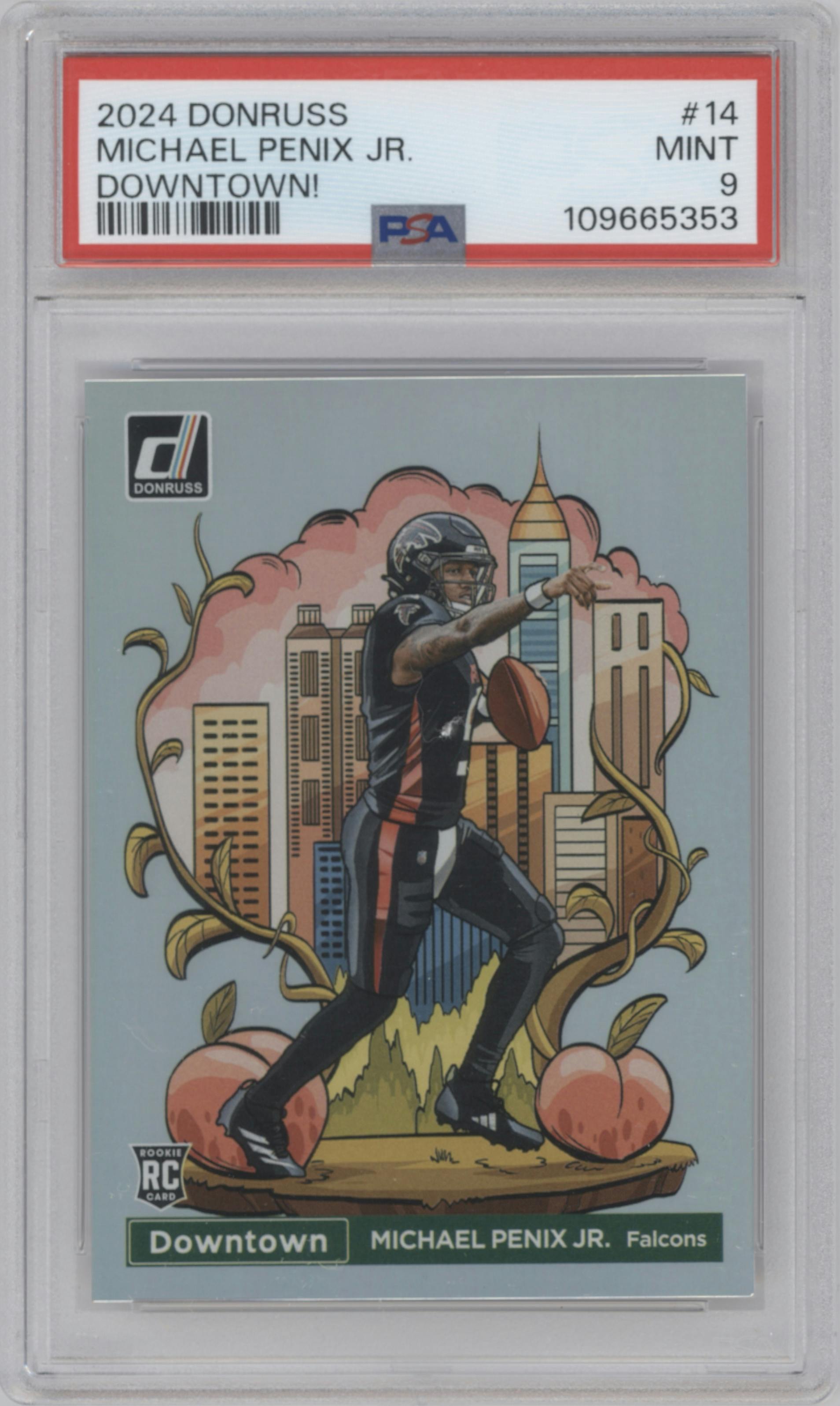 Michael Penix Jr. from the 2024 Donruss set graded by PSA and given an overall grade of 9.
