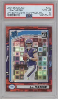 J.J. McCarthy from the 2024 Donruss set featuring a Red Pandora parallel graded by PSA and given an overall grade of 10.