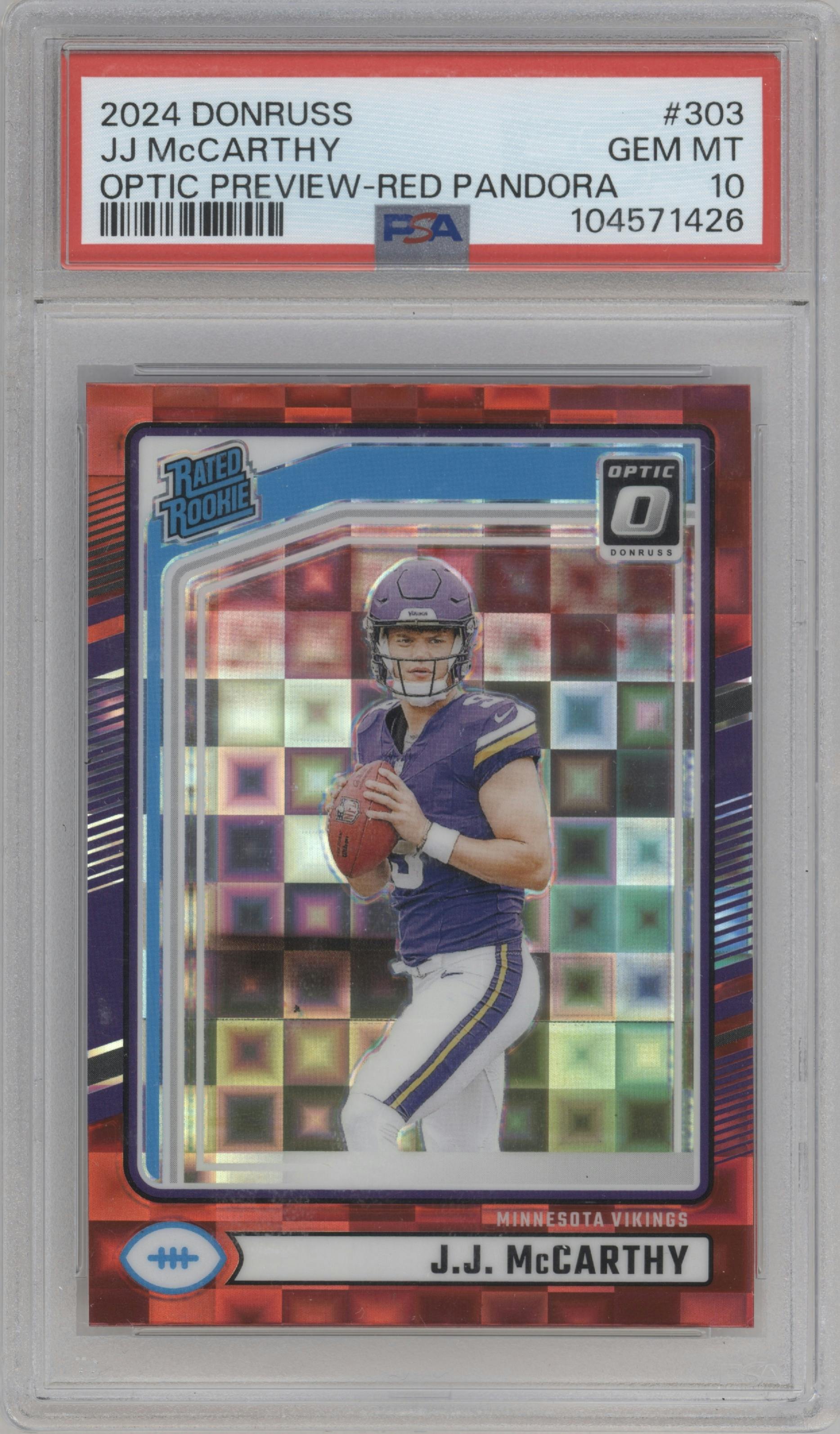 J.J. McCarthy from the 2024 Donruss set featuring a Red Pandora parallel graded by PSA and given an overall grade of 10.