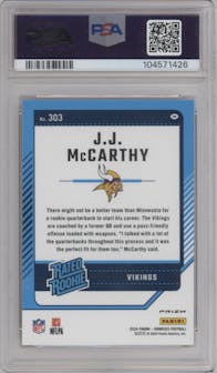 J.J. McCarthy from the 2024 Donruss set featuring a Red Pandora parallel graded by PSA and given an overall grade of 10.