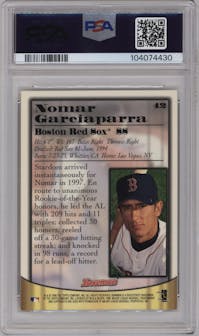 Nomar Garciaparra from the 1998 Bowman set featuring a Blue Foil parallel graded by PSA and given an overall grade of 10.