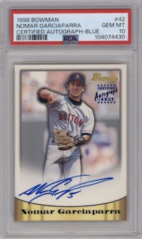 Nomar Garciaparra from the 1998 Bowman set featuring a Blue Foil parallel graded by PSA and given an overall grade of 10.