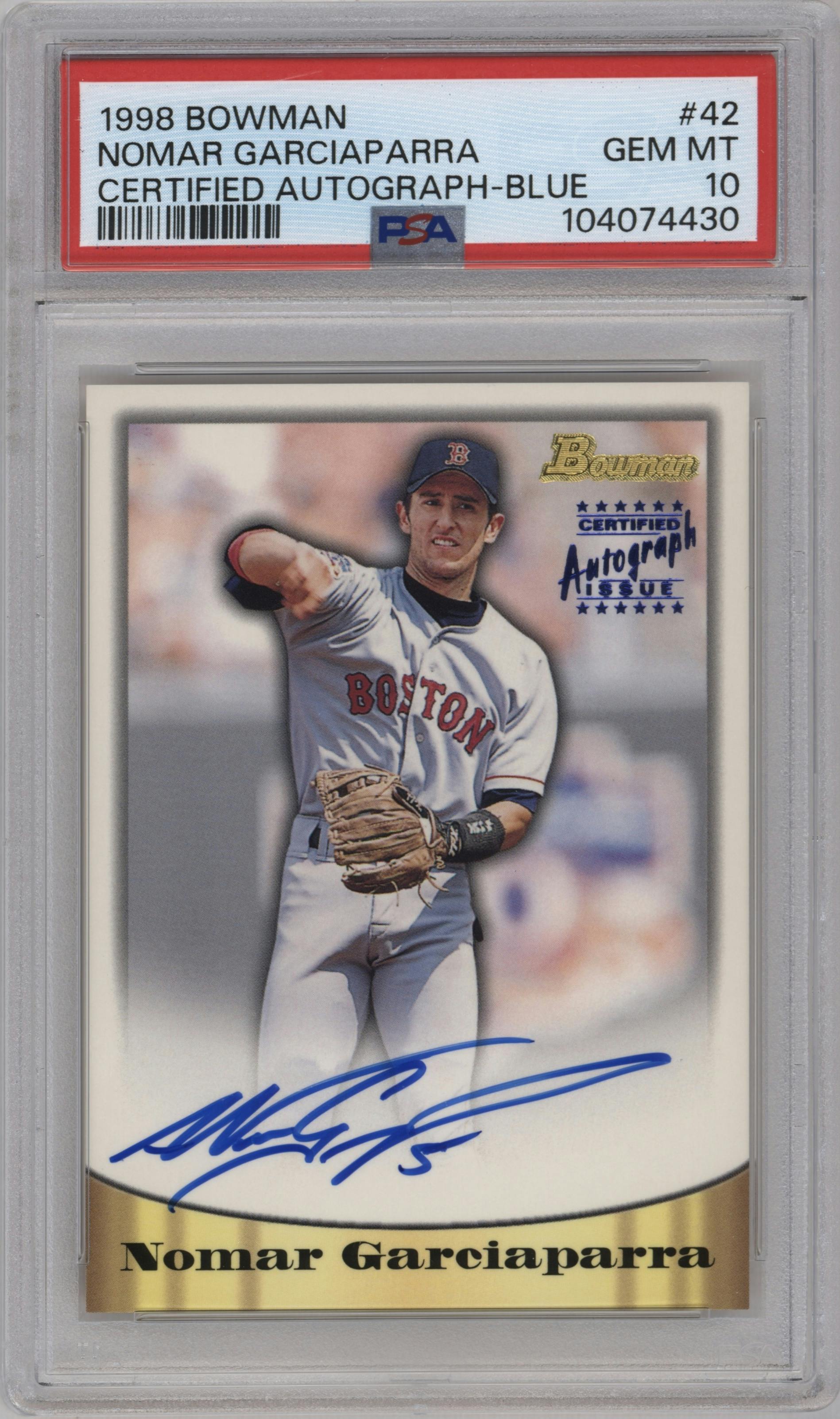 Nomar Garciaparra from the 1998 Bowman set featuring a Blue Foil parallel graded by PSA and given an overall grade of 10.
