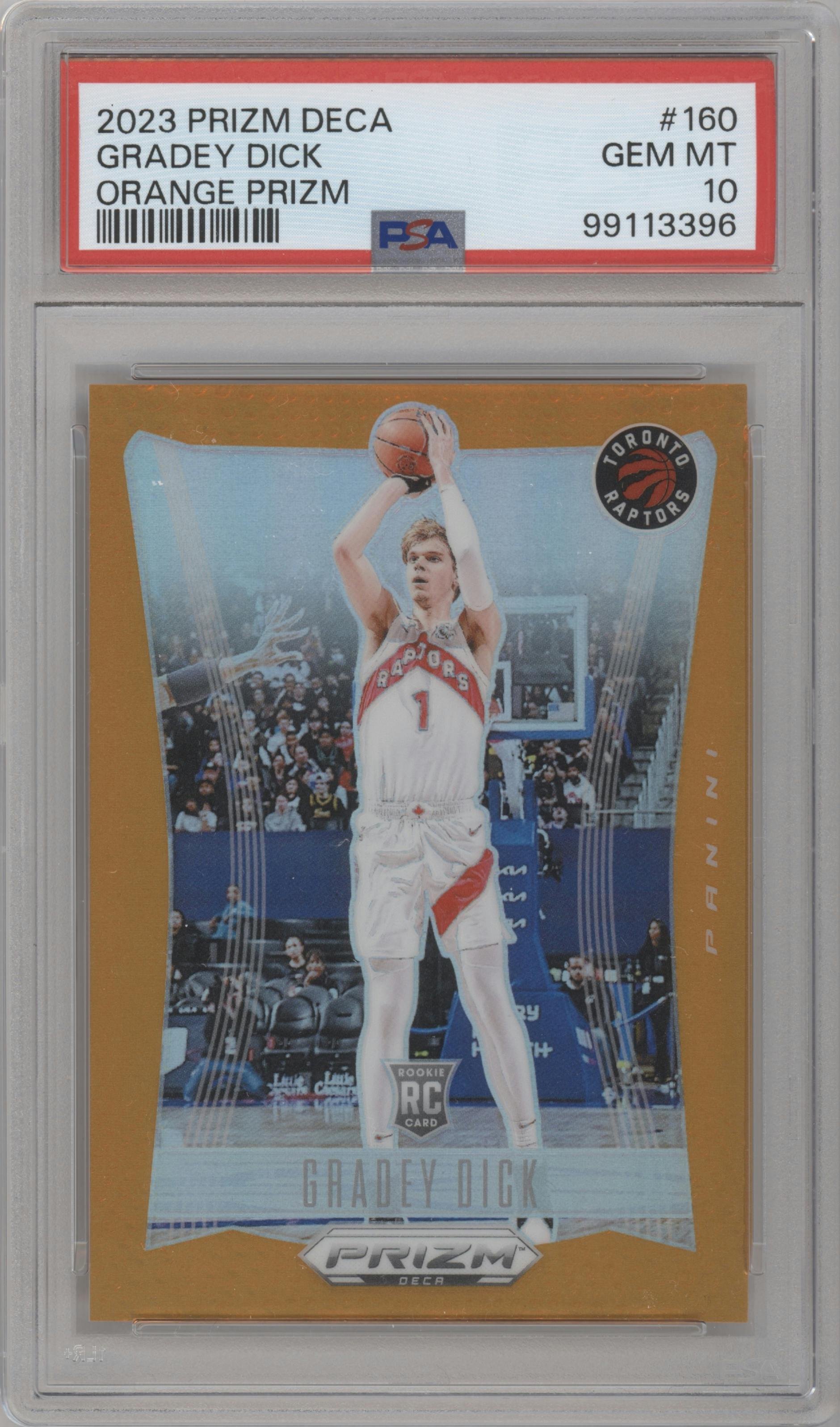 Gradey Dick from the 2023-24 Panini Prizm Deca set featuring a Orange Prizm parallel graded by PSA and given an overall grade of 10.
