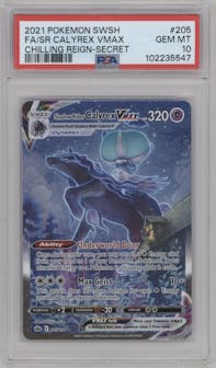 Shadow Rider Calyrex VMAX from the 2021 Pokemon SWSH set graded by PSA and given an overall grade of 10.