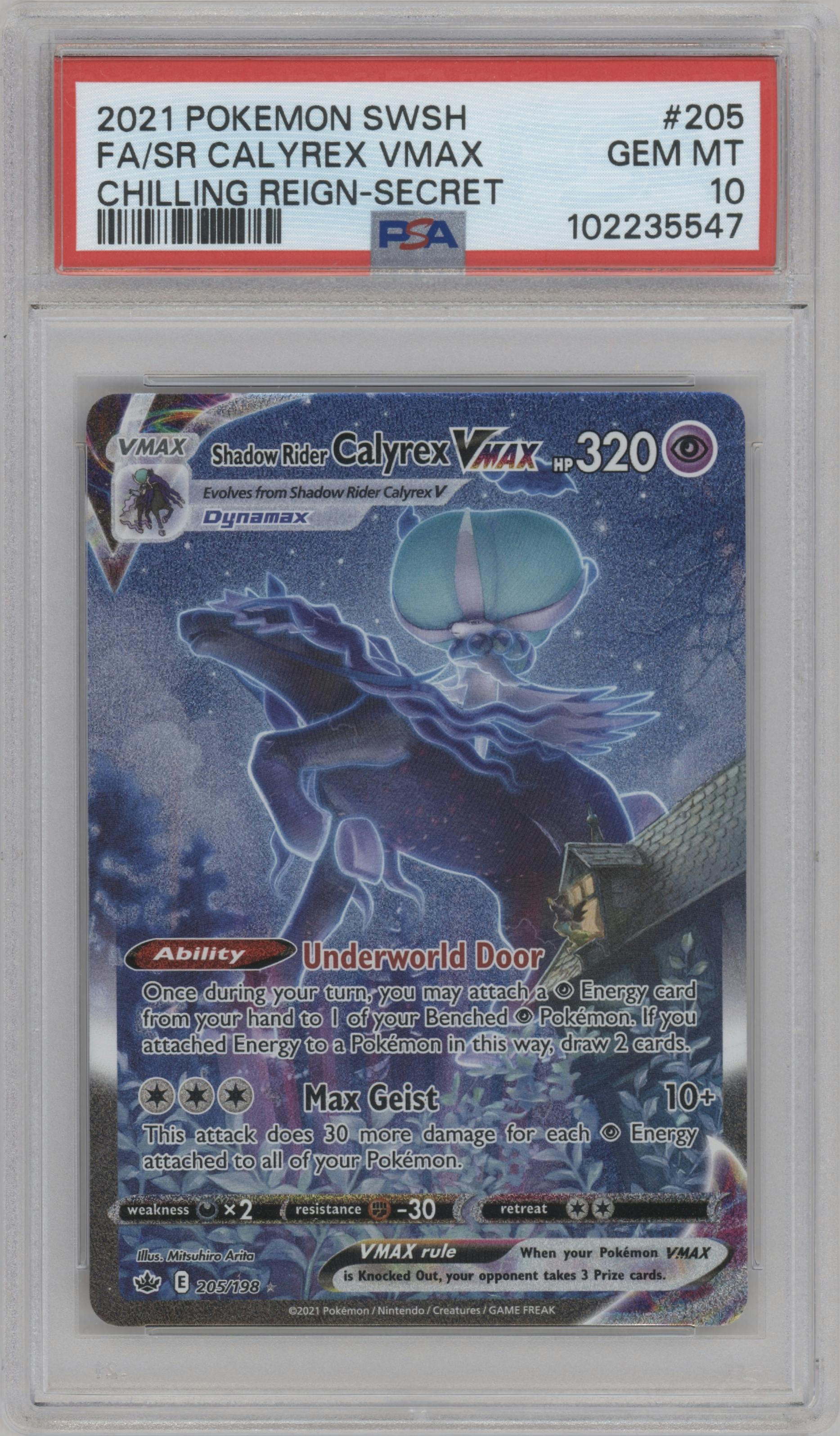 Shadow Rider Calyrex VMAX from the 2021 Pokemon SWSH set graded by PSA and given an overall grade of 10.
