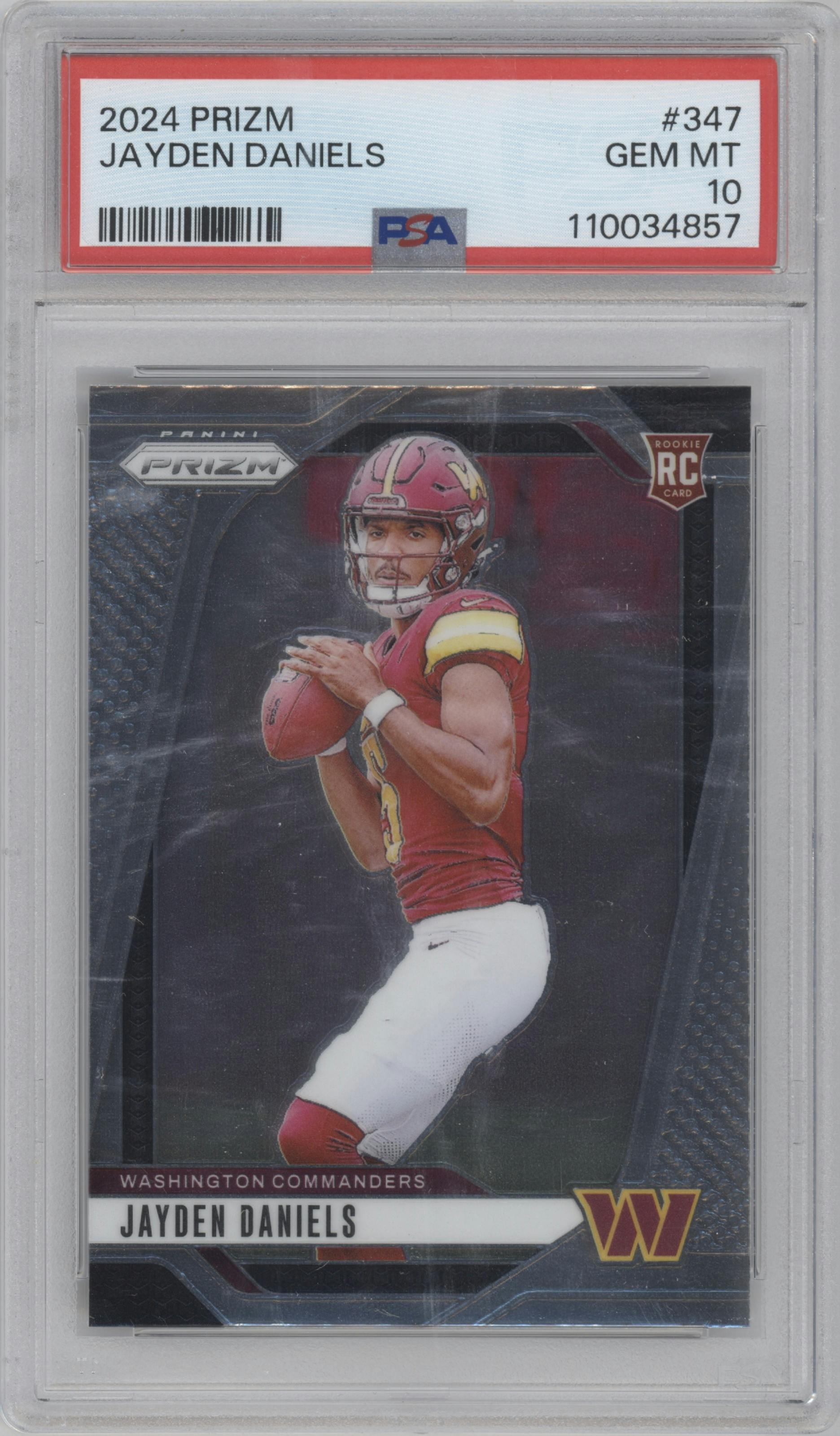 Jayden Daniels from the 2024 Panini Prizm set graded by PSA and given an overall grade of 10.