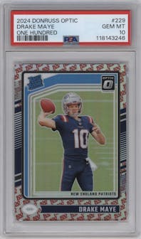 Drake Maye from the 2024 Donruss Optic set featuring a One Hundred parallel graded by PSA and given an overall grade of 10.