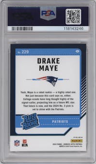 Drake Maye from the 2024 Donruss Optic set featuring a One Hundred parallel graded by PSA and given an overall grade of 10.