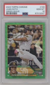 Juan Soto from the 2023 Topps Chrome set featuring a Green Wave Refractor parallel graded by PSA and given an overall grade of 10.