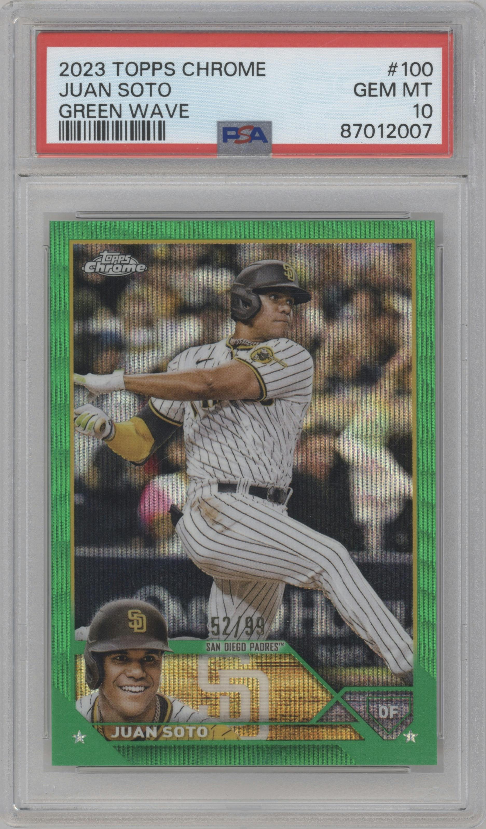 Juan Soto from the 2023 Topps Chrome set featuring a Green Wave Refractor parallel graded by PSA and given an overall grade of 10.