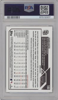 Juan Soto from the 2023 Topps Chrome set featuring a Green Wave Refractor parallel graded by PSA and given an overall grade of 10.