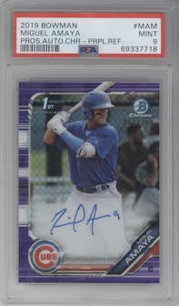 Miguel Amaya from the 2019 Bowman  set featuring a Purple Refractor  parallel graded by PSA and given an overall grade of 9.