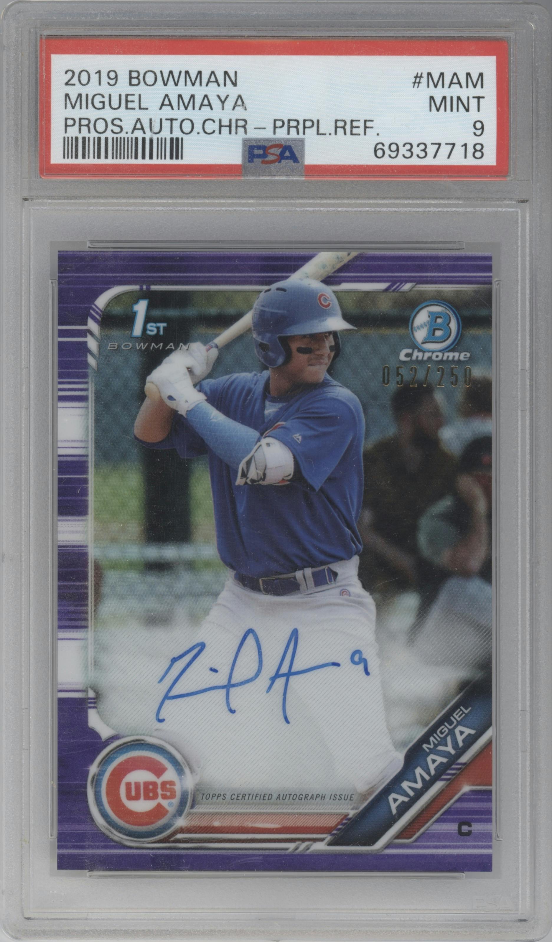 Miguel Amaya from the 2019 Bowman  set featuring a Purple Refractor  parallel graded by PSA and given an overall grade of 9.