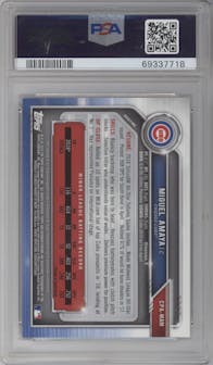 Miguel Amaya from the 2019 Bowman  set featuring a Purple Refractor  parallel graded by PSA and given an overall grade of 9.
