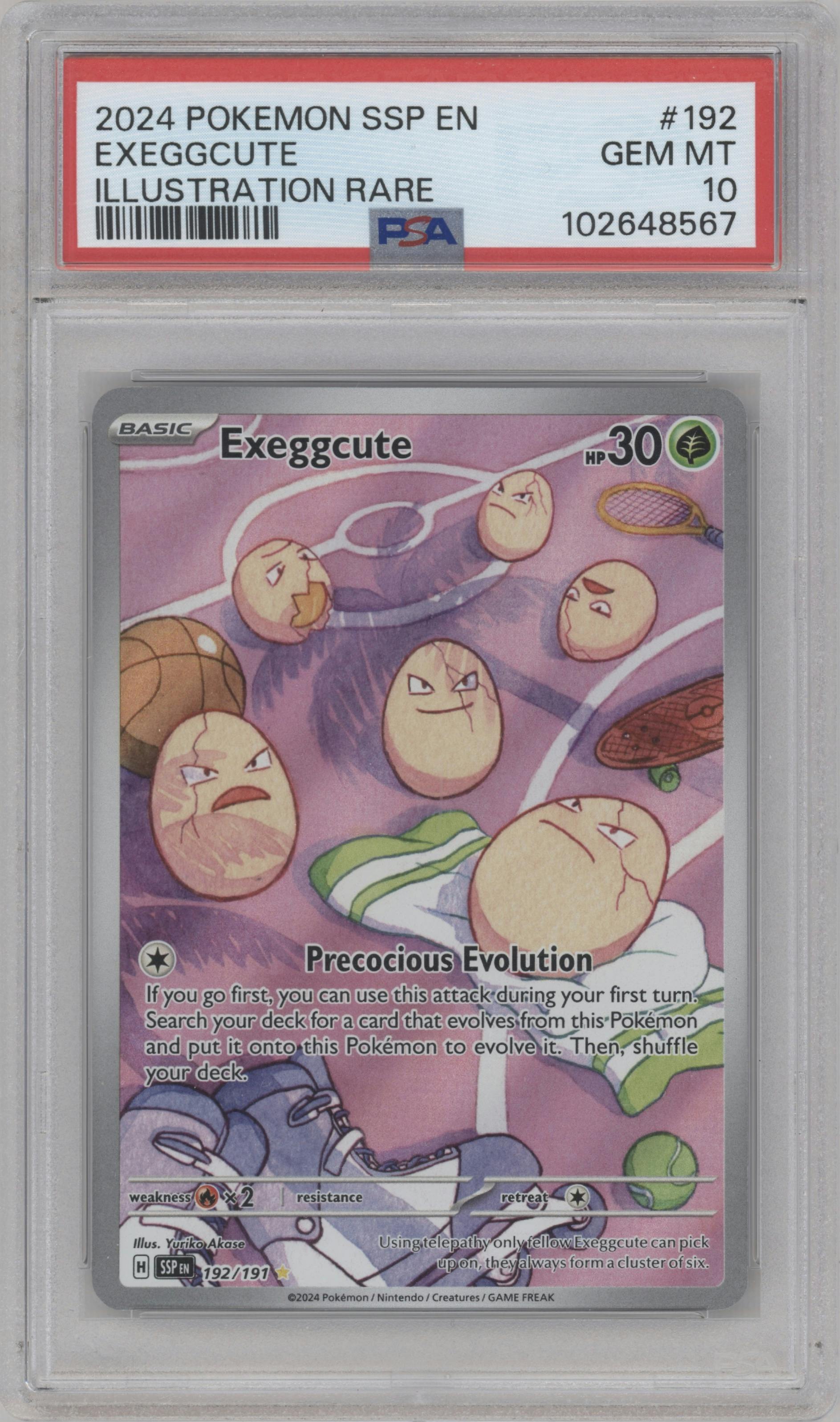 Exeggcute from the 2024 Pokemon SV set graded by PSA and given an overall grade of 10.