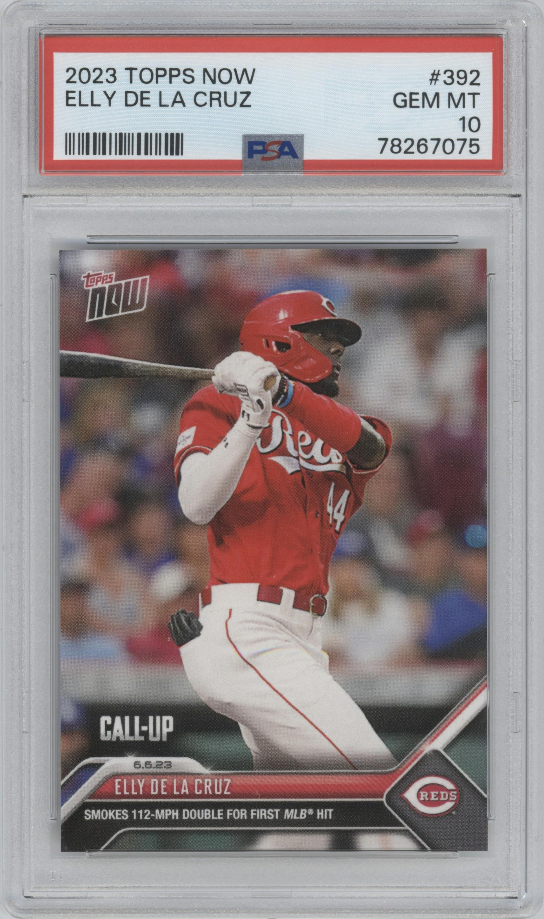 Elly De La Cruz from the 2023 Topps Now set graded by PSA and given an overall grade of 10.