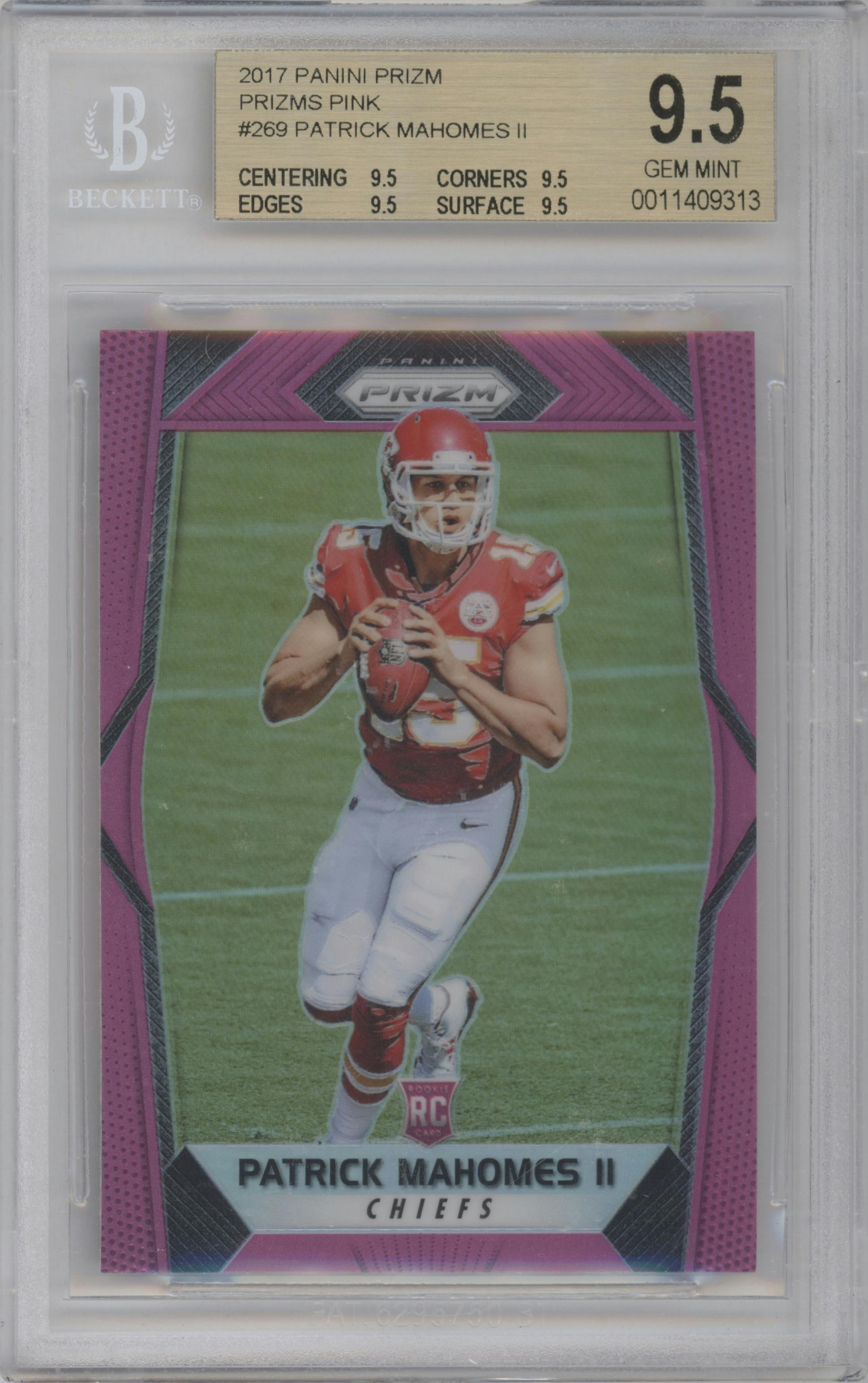 Patrick Mahomes II from the 2017 Panini Prizm set featuring a Pink Prizm parallel graded by Beckett and given an overall grade of 9.5.