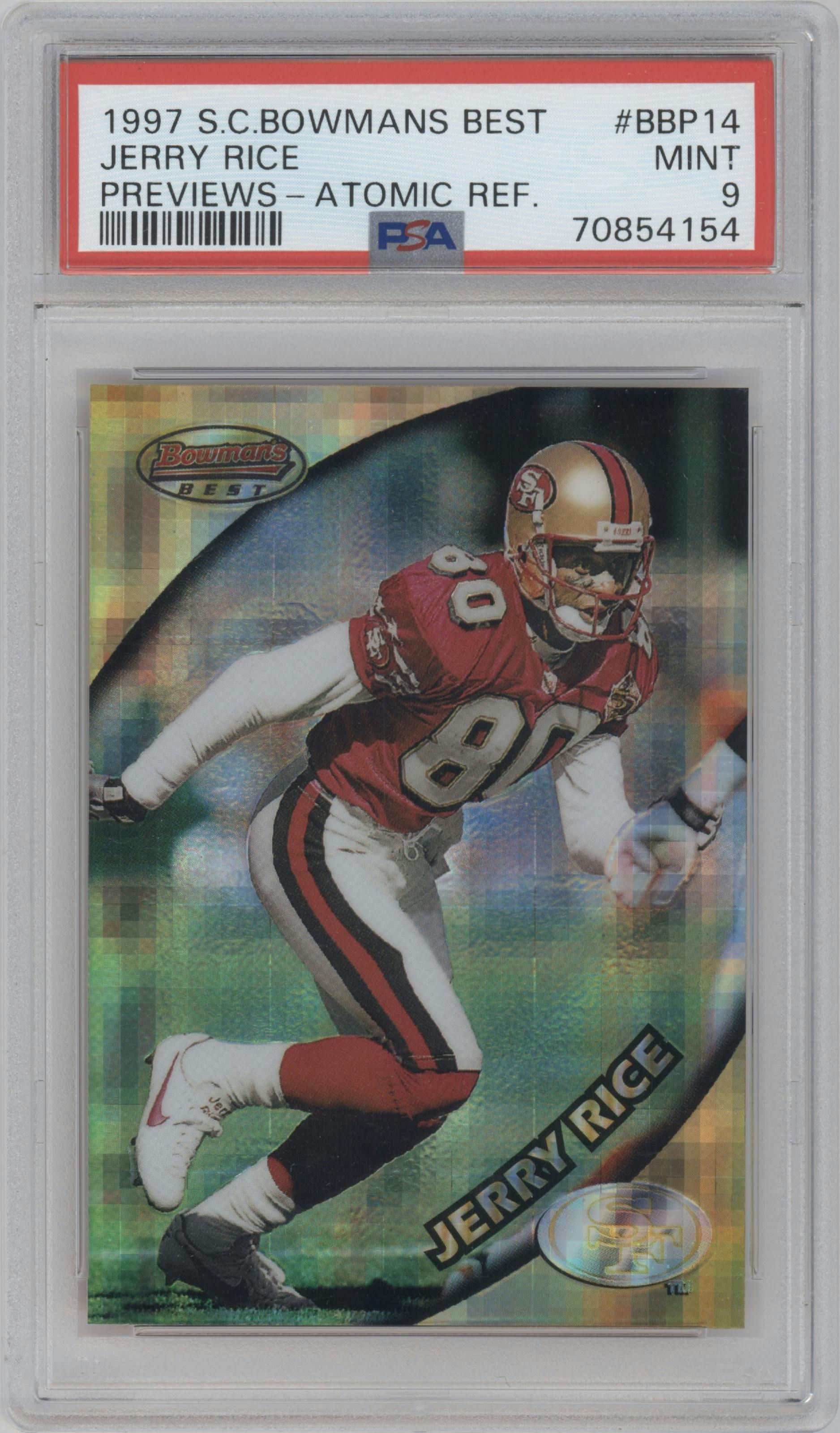 Jerry Rice from the 1997 Topps Stadium Club set featuring a Atomic Refractor parallel graded by PSA and given an overall grade of 9.