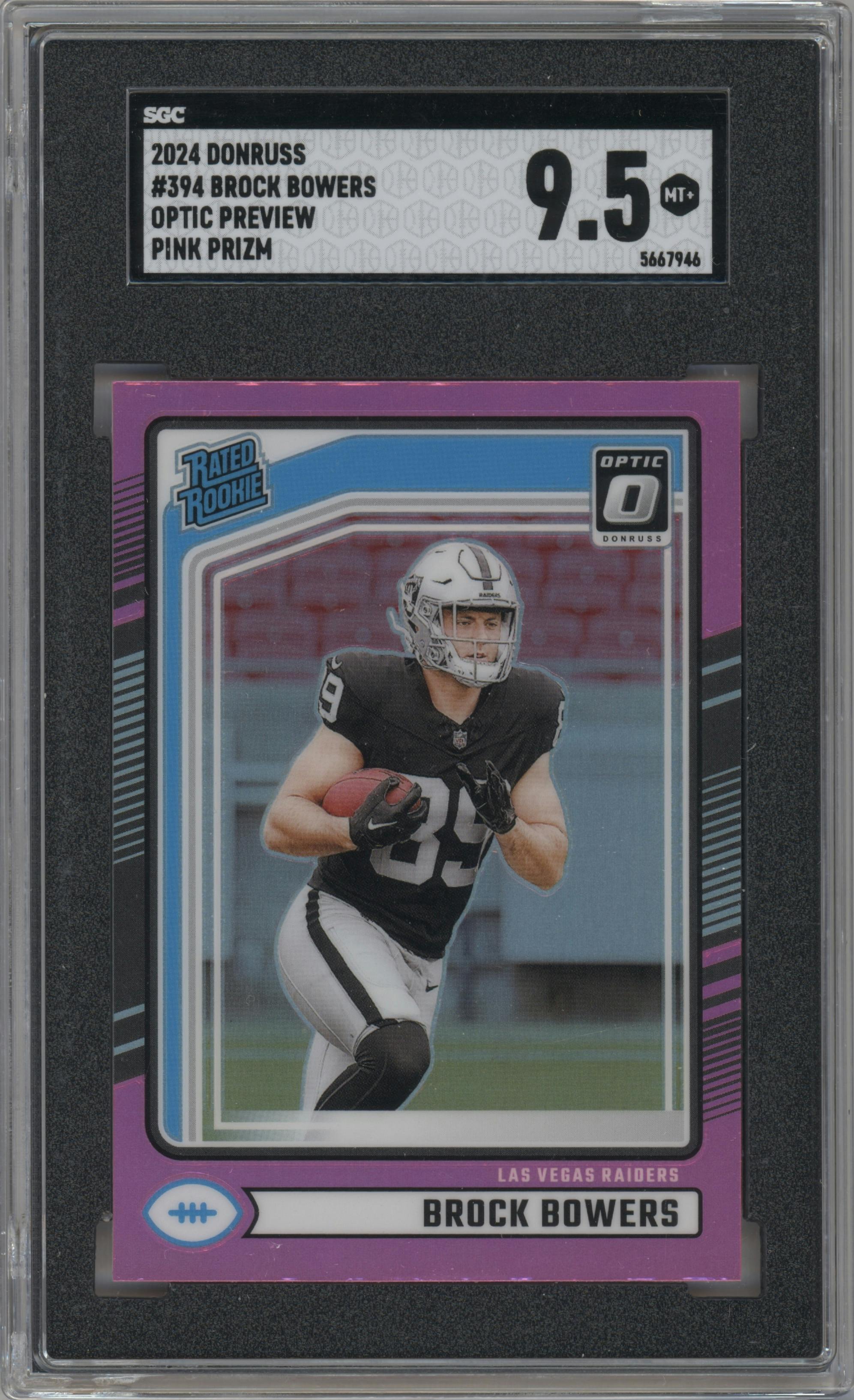 Brock Bowers from the 2024 Donruss set featuring a Pink parallel graded by SGC and given an overall grade of 9.5.