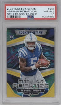 Anthony Richardson from the 2023 Panini Rookies & Stars set featuring a Gold parallel graded by PSA and given an overall grade of 10.