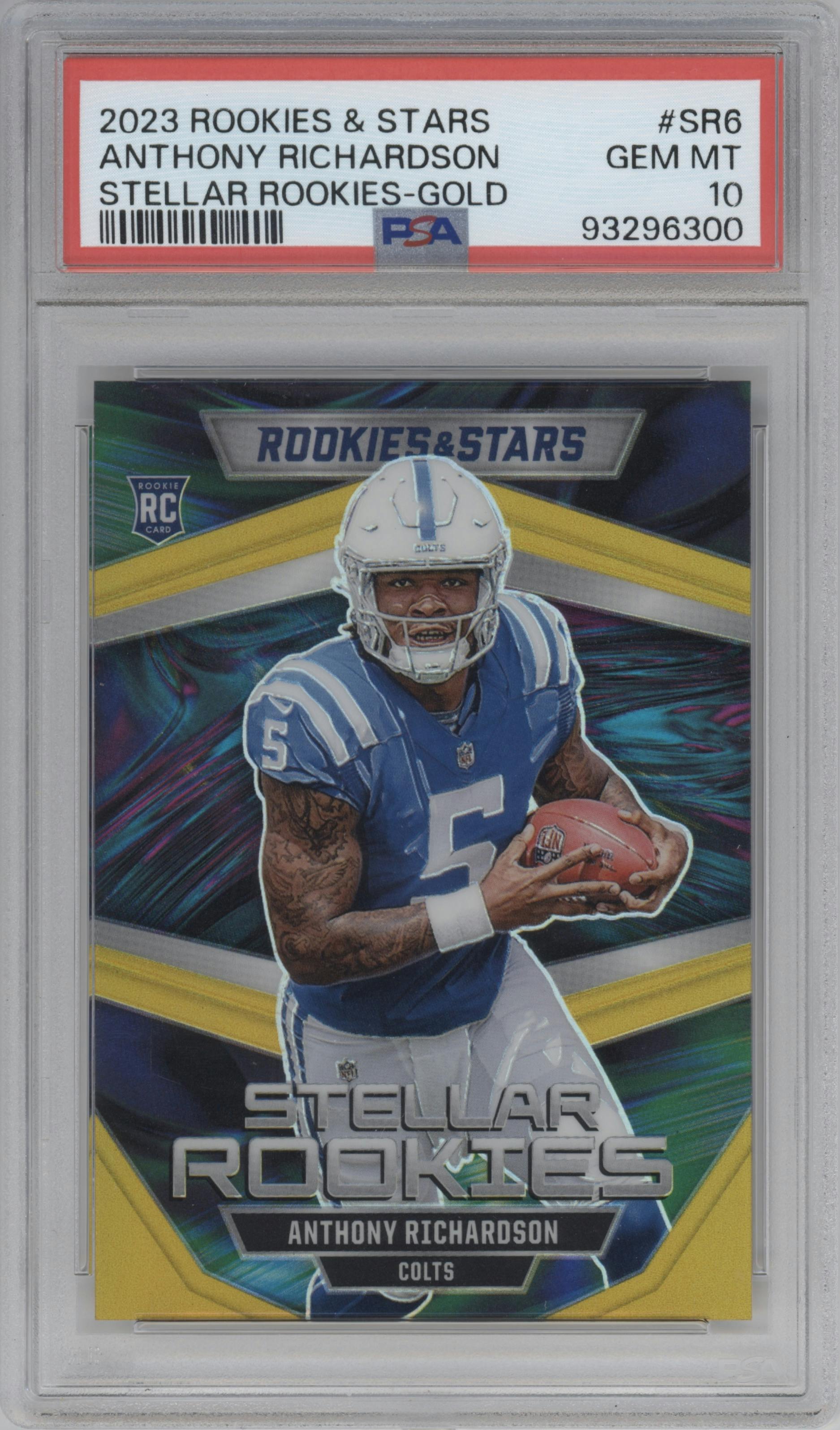 Anthony Richardson from the 2023 Panini Rookies & Stars set featuring a Gold parallel graded by PSA and given an overall grade of 10.