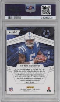 Anthony Richardson from the 2023 Panini Rookies & Stars set featuring a Gold parallel graded by PSA and given an overall grade of 10.
