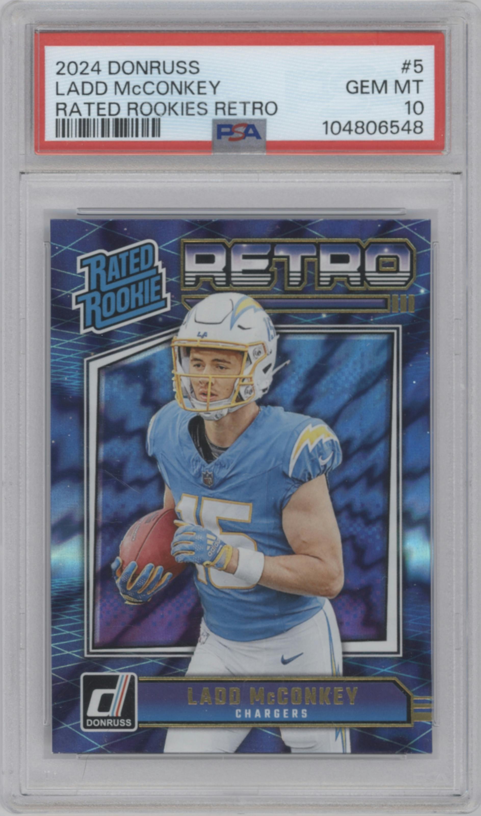 Ladd McConkey from the 2024 Donruss set graded by PSA and given an overall grade of 10.