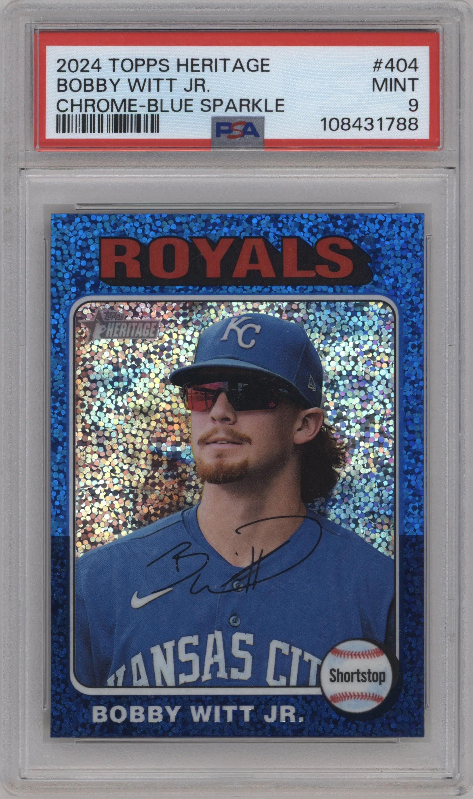 2024 Topps Heritage Bobby Witt Jr. Chrome Blue Sparkle Refractor PSA 9