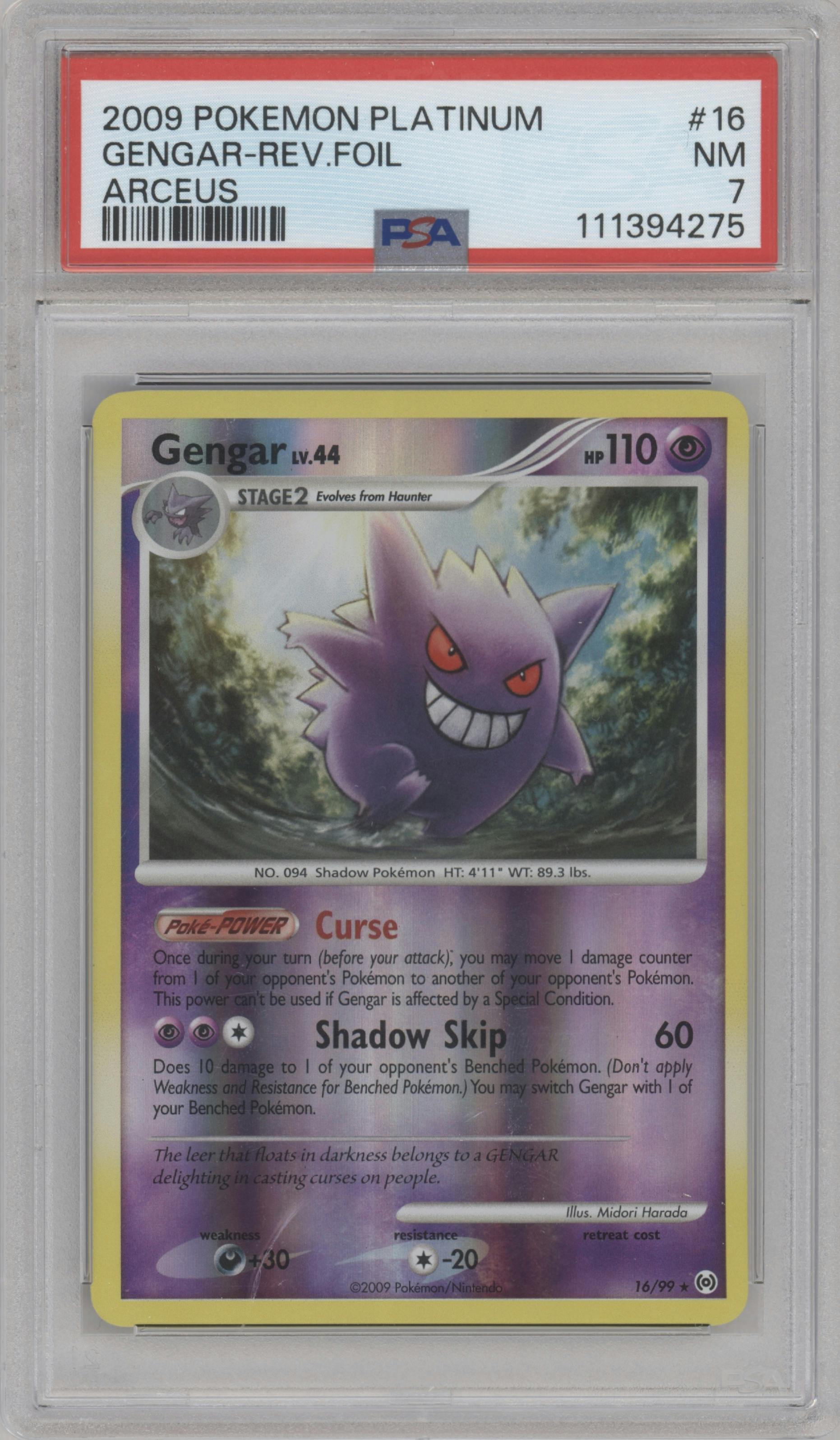 Gengar from the 2009 Pokemon Platinum set graded by PSA and given an overall grade of 7.