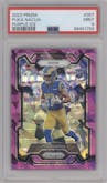 Puka Nacua from the 2023 Panini Prizm set featuring a Purple Ice parallel graded by PSA and given an overall grade of 9.