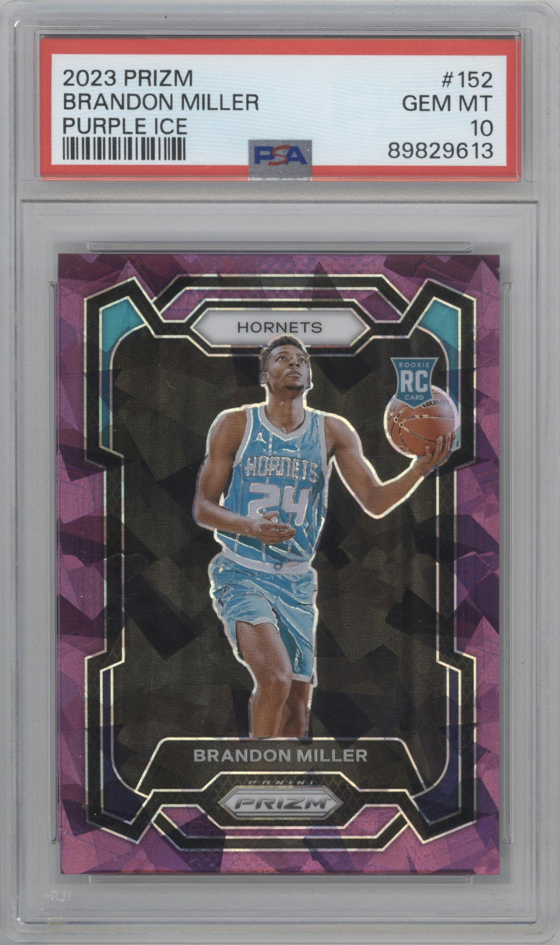 Brandon Miller from the 2023-24 Panini Prizm set featuring a Purple Ice  parallel graded by PSA and given an overall grade of 10.