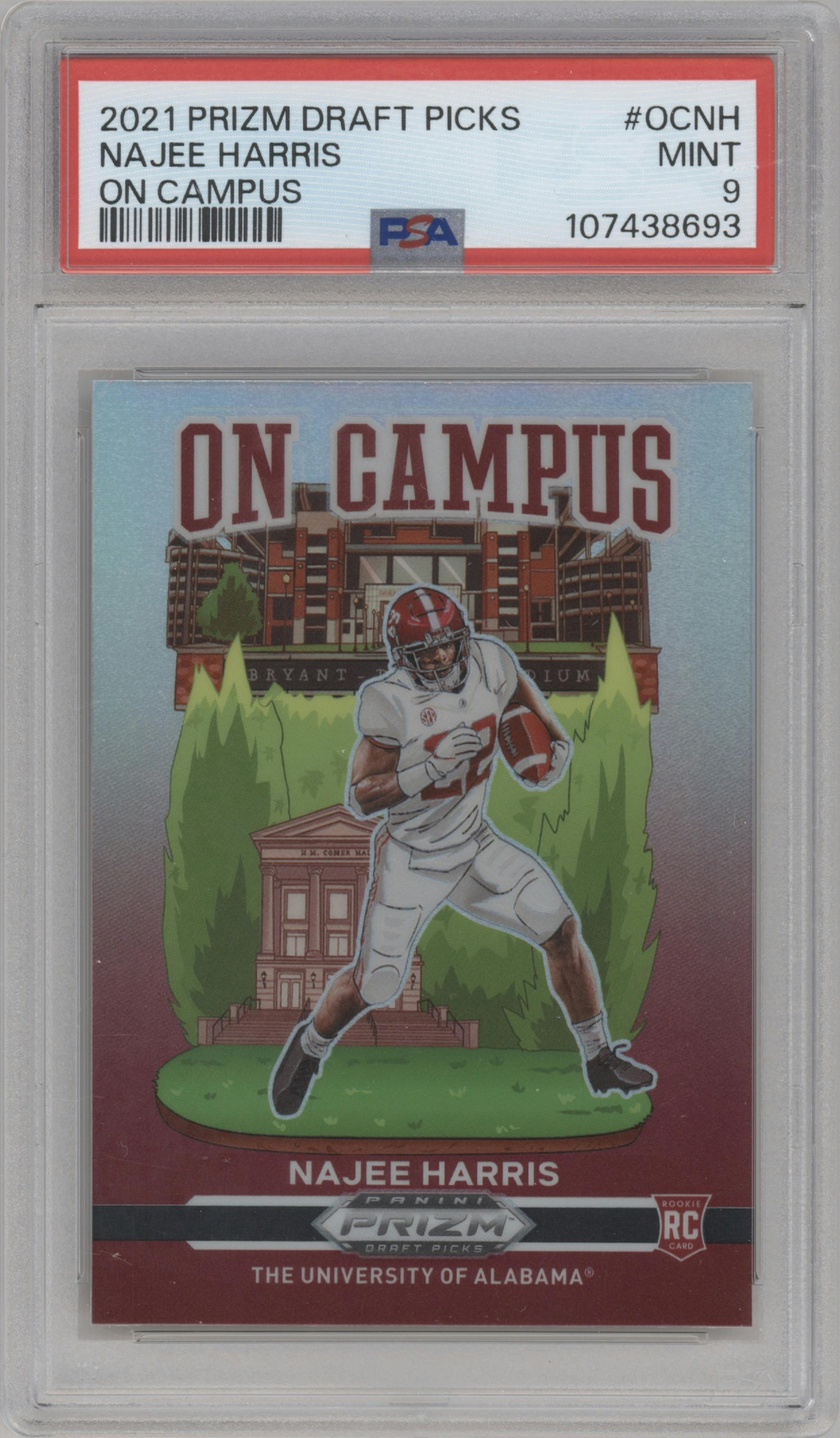 Najee Harris from the 2021 Panini Prizm Draft Picks set graded by PSA and given an overall grade of 9.