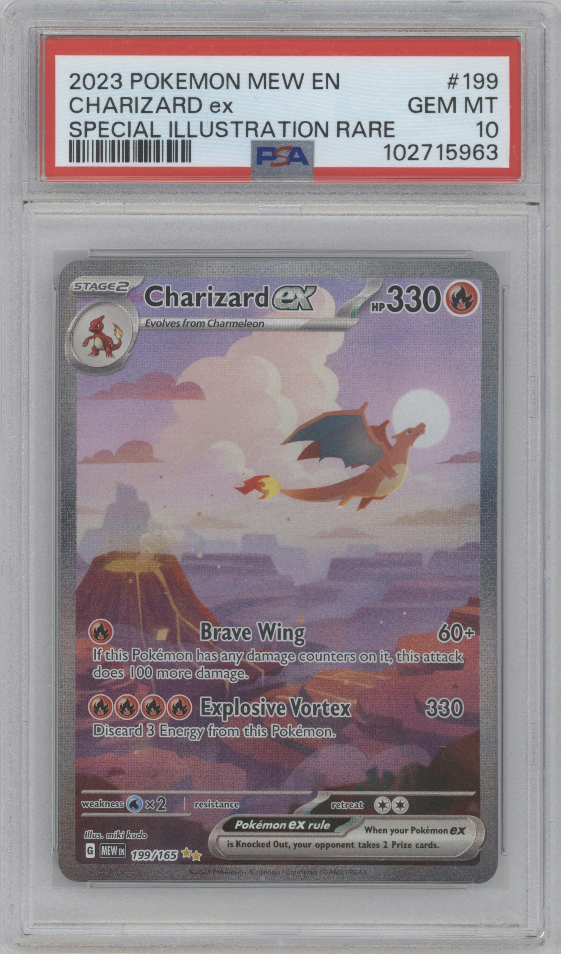 Charizard ex from the 2023 Pokemon SV set graded by PSA and given an overall grade of 10.