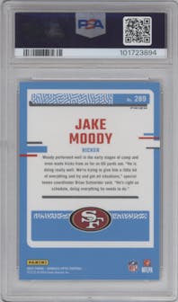 Jake Moody from the 2023 Donruss Optic set featuring a White Sparkle parallel graded by PSA and given an overall grade of 9.
