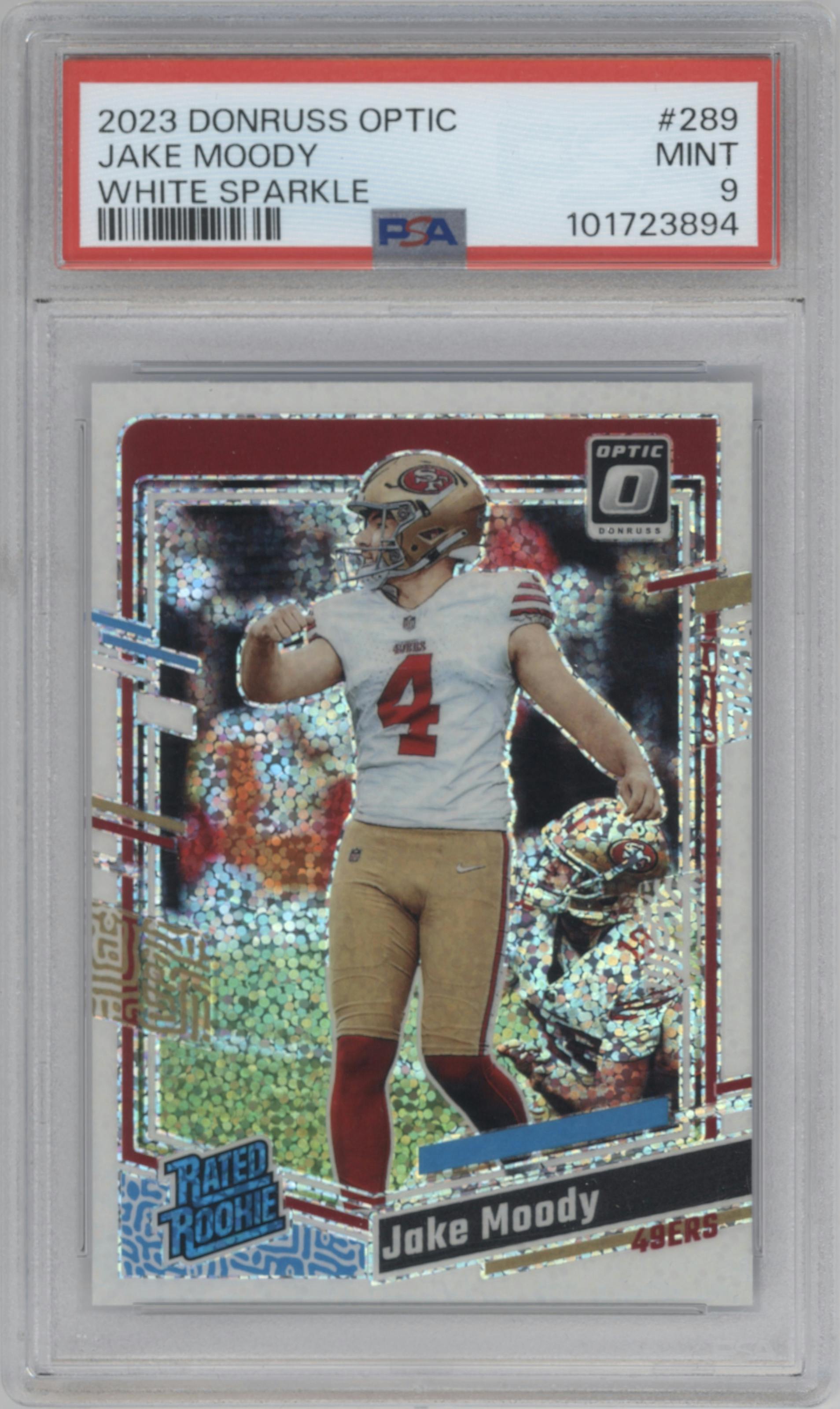Jake Moody from the 2023 Donruss Optic set featuring a White Sparkle parallel graded by PSA and given an overall grade of 9.