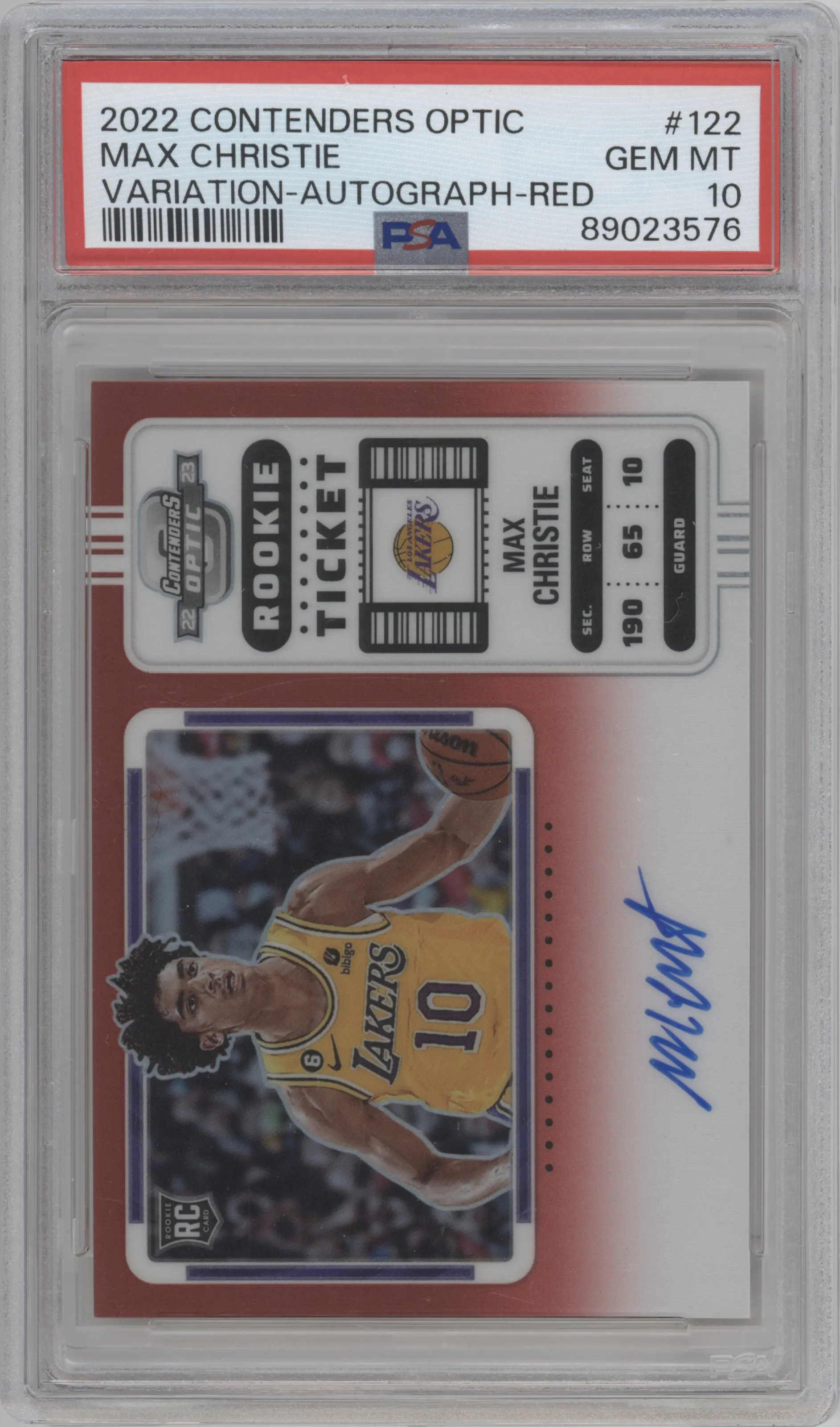 2022 Panini Contenders Optic Rke.Tkt.Auto.Var. Max Christie Red #122 PSA 10