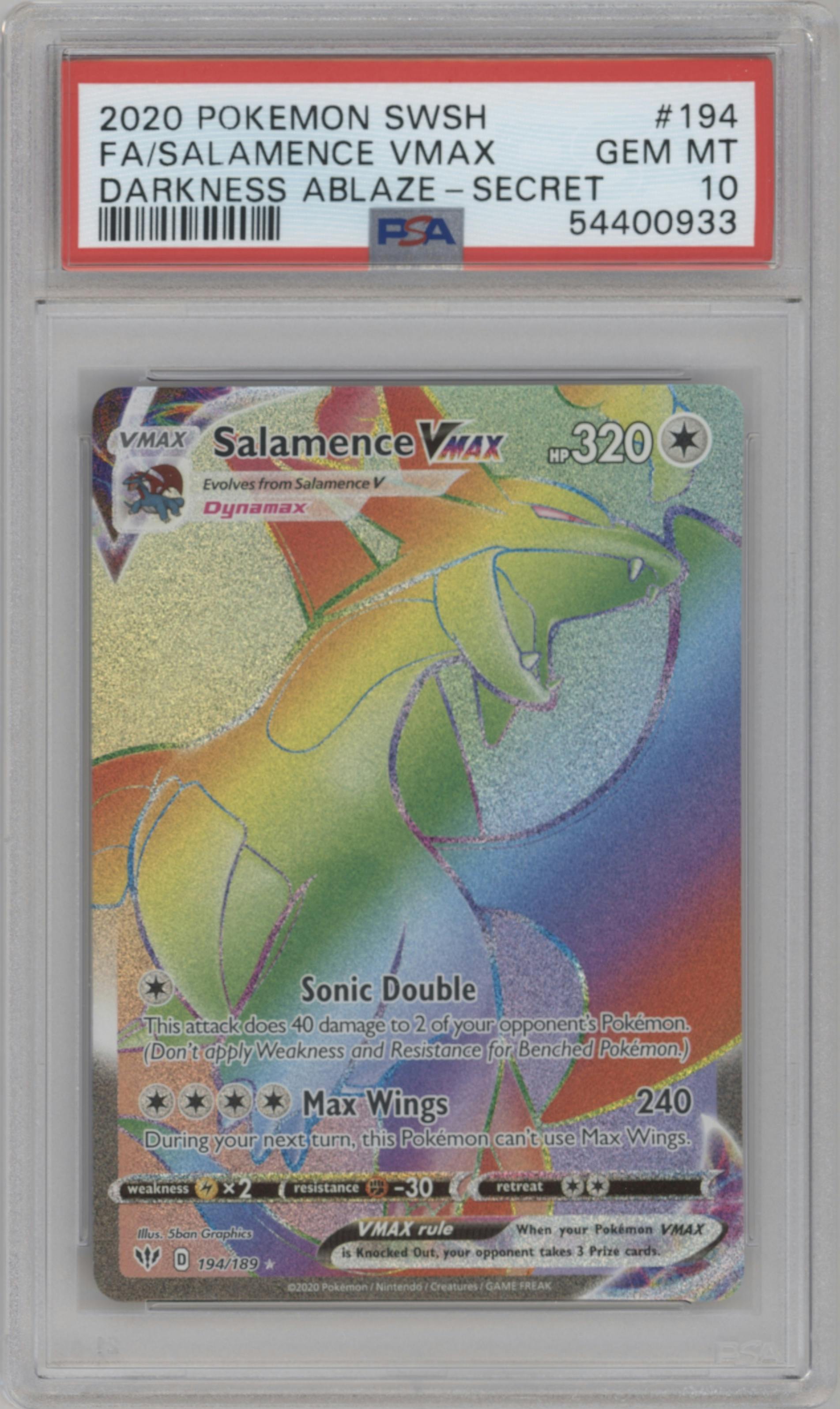 Salamence VMAX from the 2020 Pokemon SWSH set graded by PSA and given an overall grade of 10.