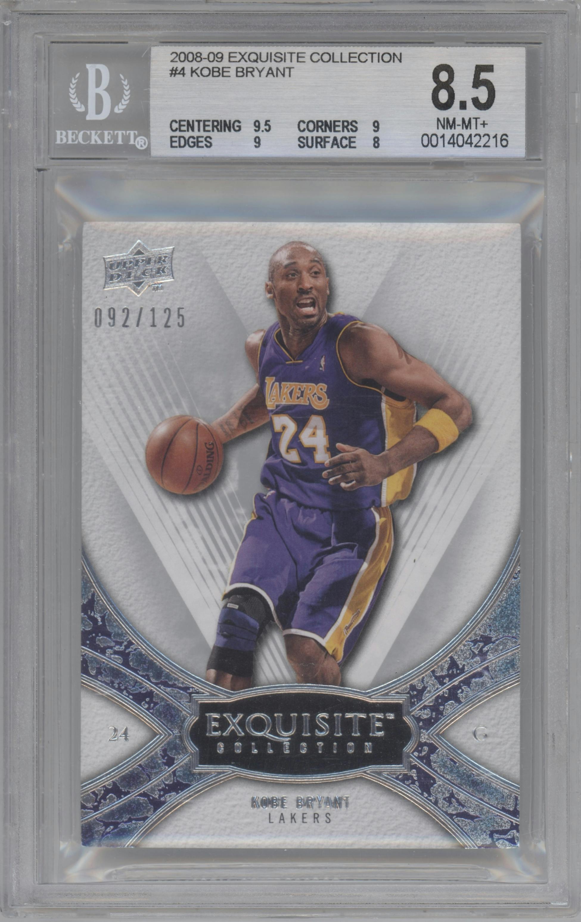 Kobe Bryant from the 2008-09 Upper Deck Exquisite Collection set graded by Beckett and given an overall grade of 8.5.