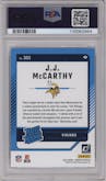 J.J. McCarthy from the 2024 Donruss set graded by PSA and given an overall grade of 10.