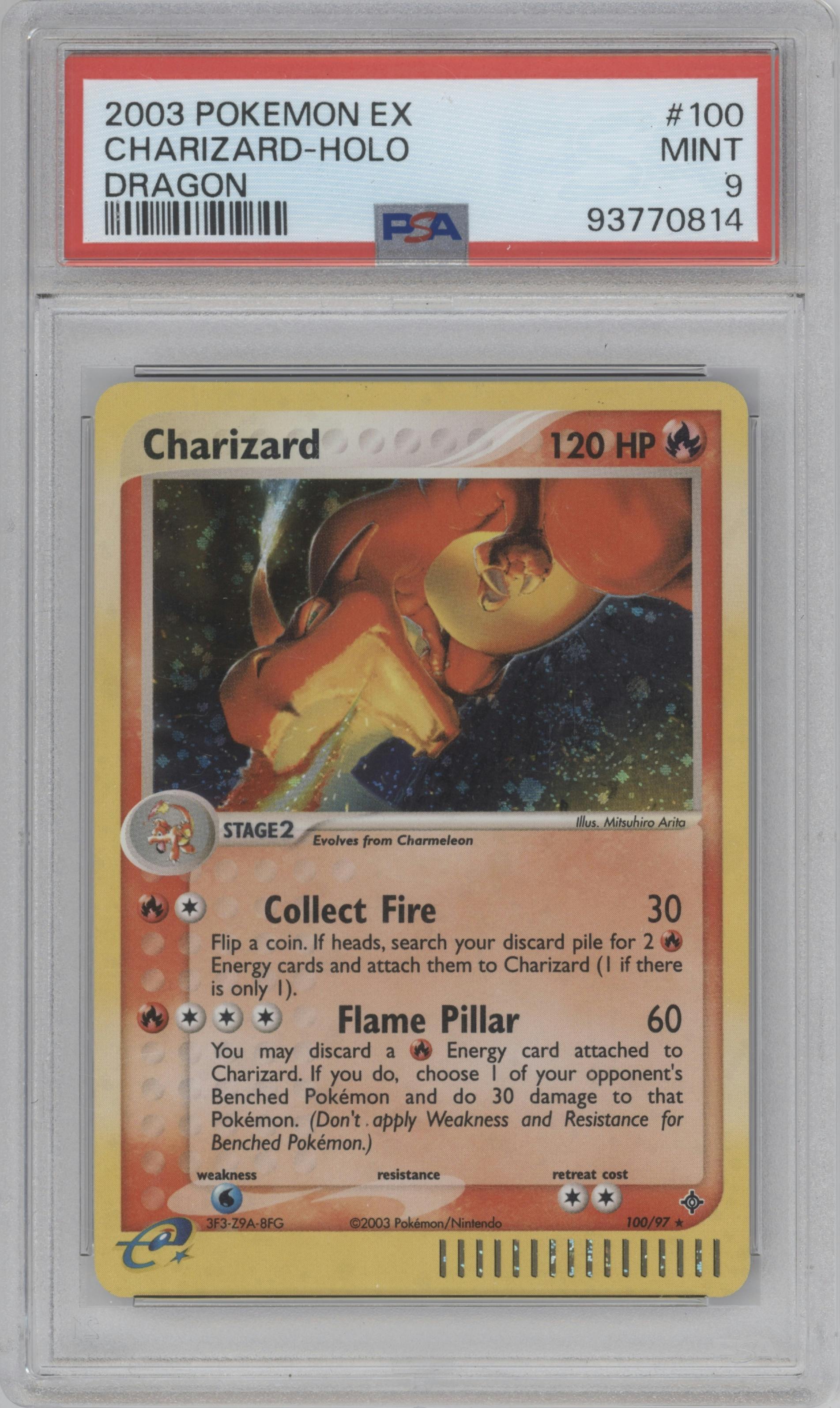 Charizard from the 2003 Pokemon EX set graded by PSA and given an overall grade of 9.