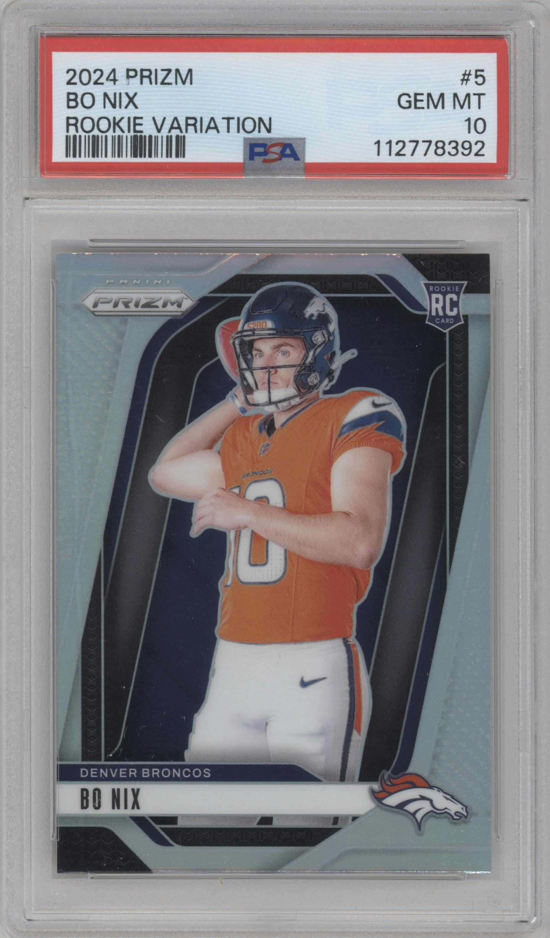 Bo Nix from the 2024 Panini Prizm set graded by PSA and given an overall grade of 10.