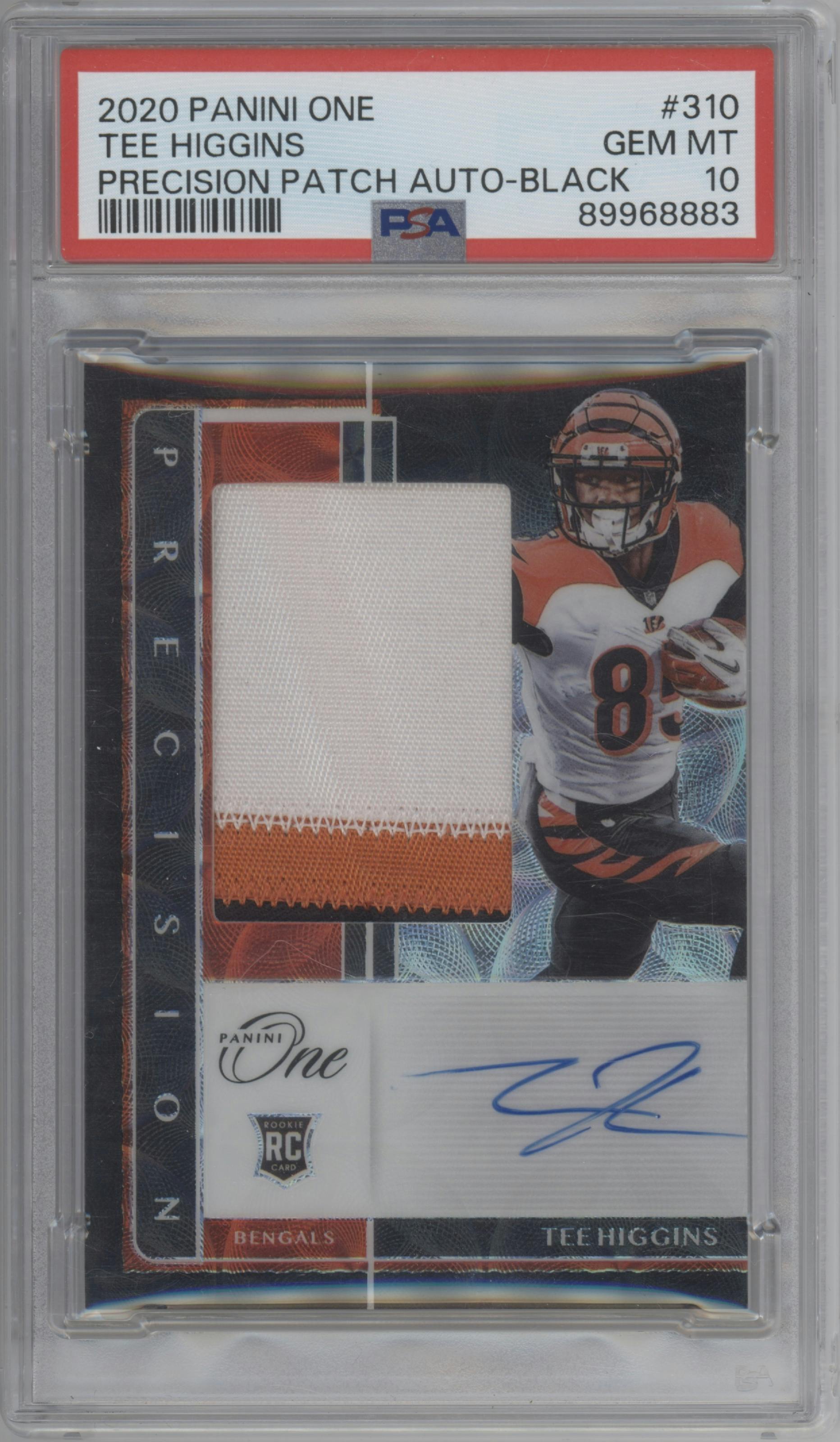 Tee Higgins from the 2020 Panini One set featuring a Black parallel graded by PSA and given an overall grade of 10.