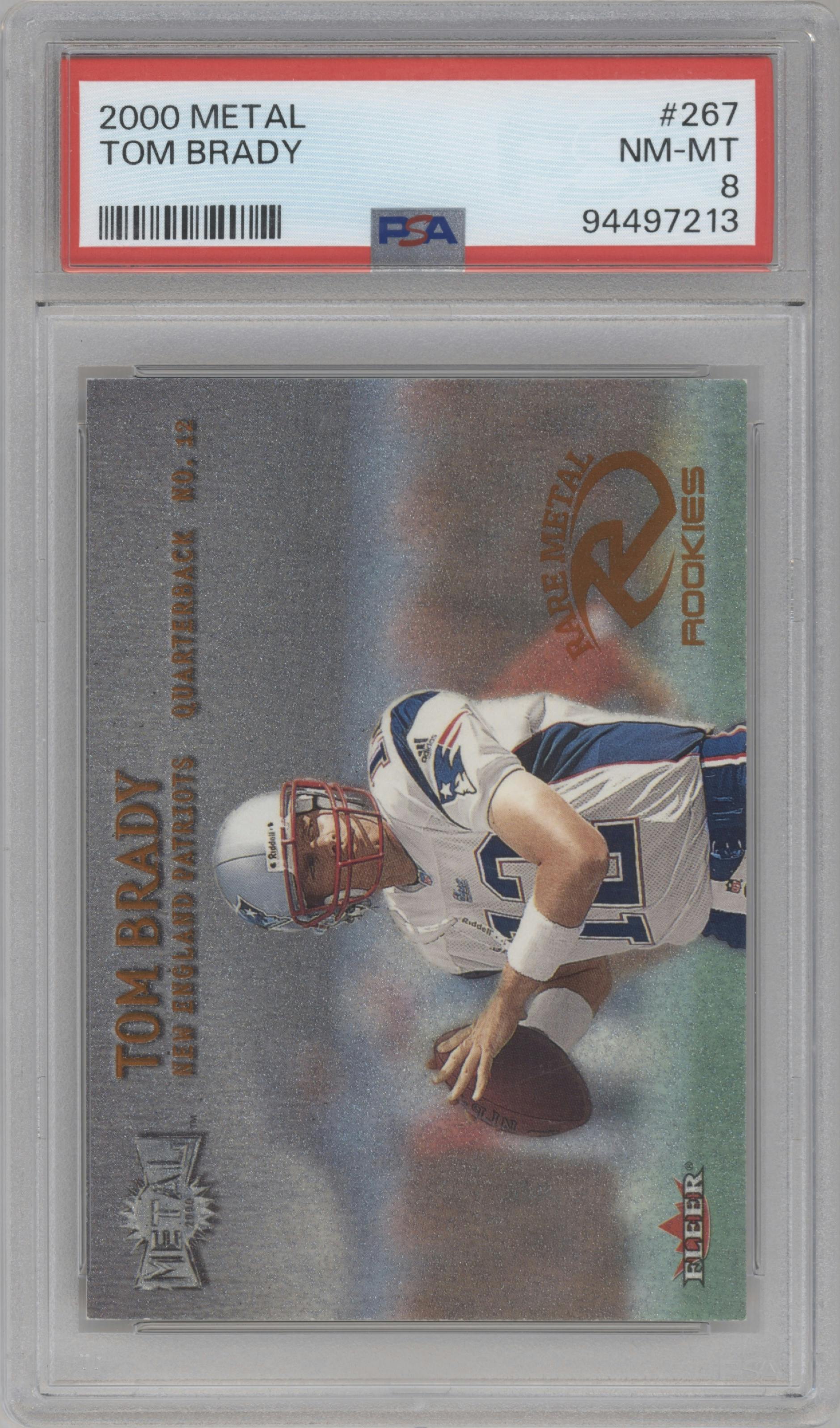 Tom Brady from the 2000 Fleer Metal set graded by PSA and given an overall grade of 8.
