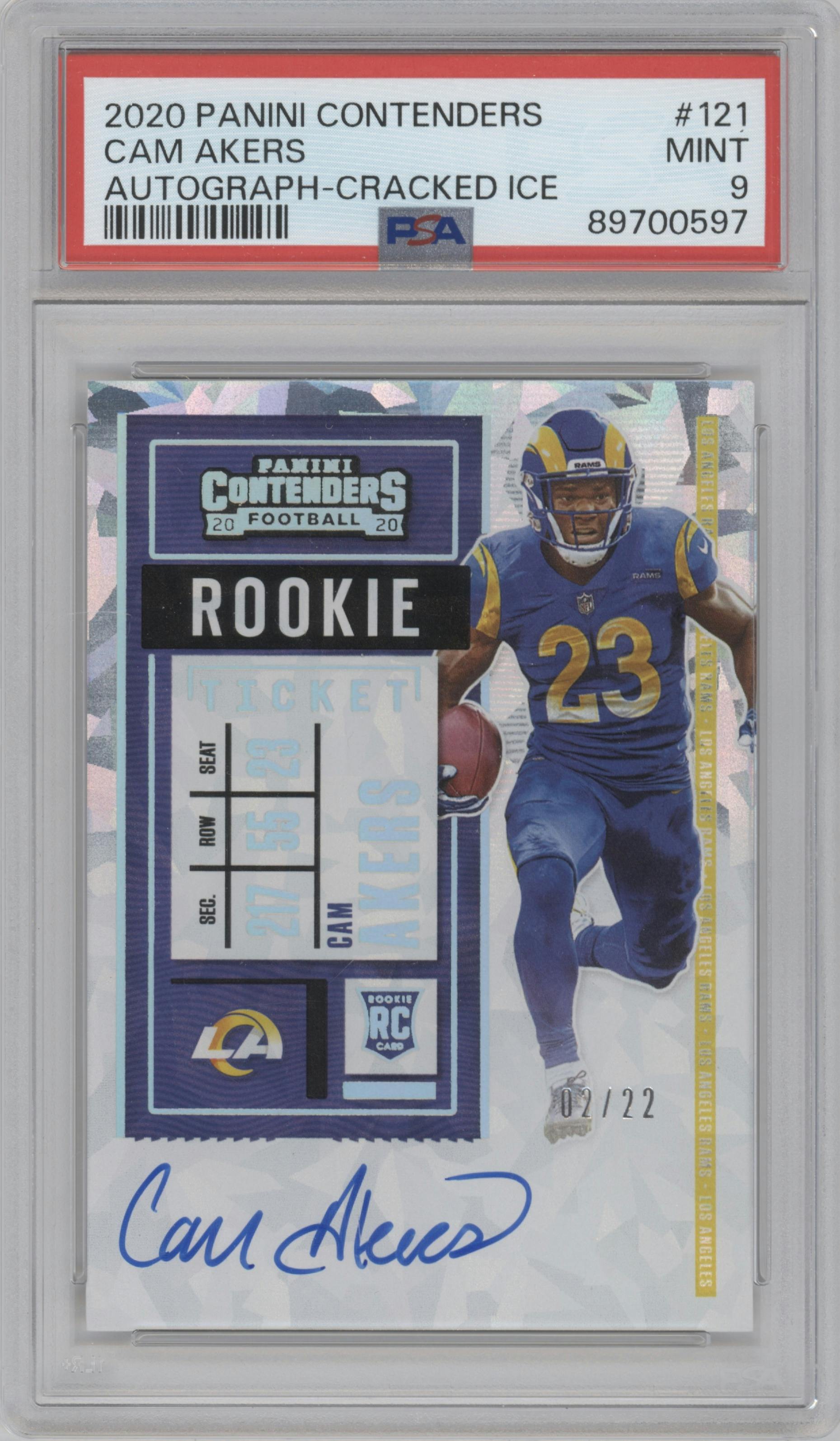 Cam Akers from the 2020 Panini Contenders set featuring a Cracked Ice parallel graded by PSA and given an overall grade of 9.